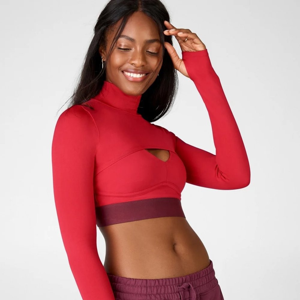 Fabletics Rory Seamless Long Sleeve Shrug, RED/Persimmon, Size Medium